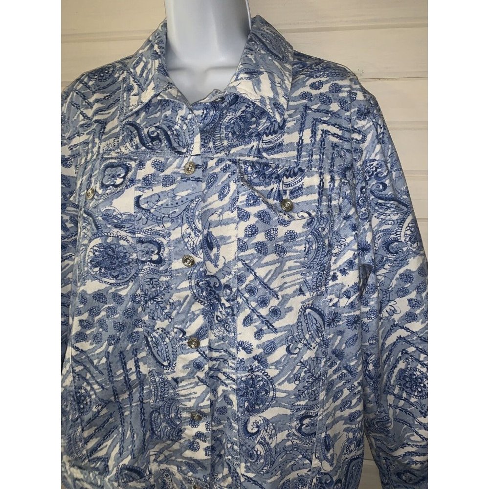 Alfred Dunner Sz 12 Blue White Paisley Geo Print Cotton Trucker Jacket EUC - Picture 1 of 10